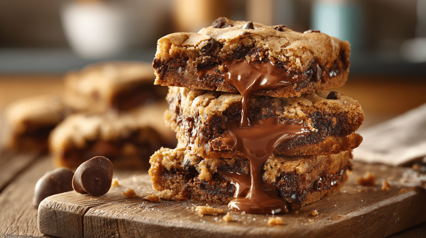 Stacked Nutella Stuffed Chocolate Chip Cookie Bars with gooey filling.