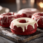 Baked red velvet donuts with creamy glaze on a slate board.