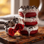 Red velvet donuts with vanilla glaze and Oreo crumble on wood.