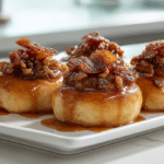 Golden Bourbon Maple Cinnamon Rolls with glaze and bacon bits.