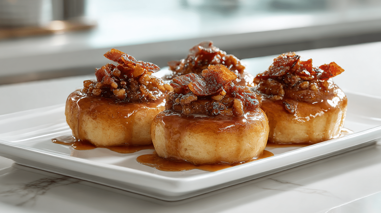 Golden Bourbon Maple Cinnamon Rolls with glaze and bacon bits.