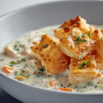 Creamy Chicken Pot Pie Soup in a white bowl