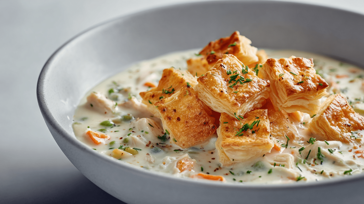 Creamy Chicken Pot Pie Soup in a white bowl