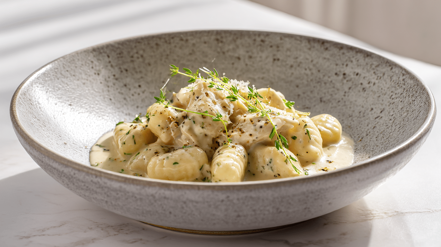 Creamy Crack Chicken Gnocchi in a white bowl