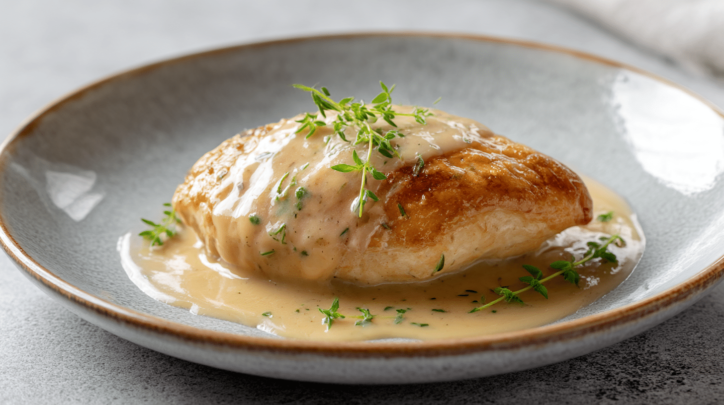 Creamy Garlic Parmesan Chicken Breast in a skillet with spinach