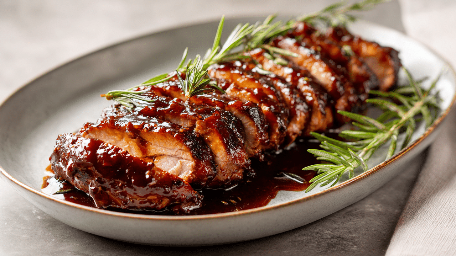 Crockpot BBQ pork tenderloin shredded in smoky sauce in a bowl.