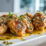 Crispy Garlic Butter Chicken Bites in a cast iron skillet garnished with fresh parsley and lemon.