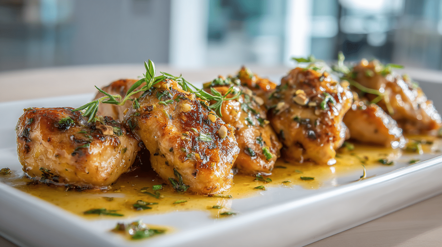 Crispy Garlic Butter Chicken Bites in a cast iron skillet garnished with fresh parsley and lemon.