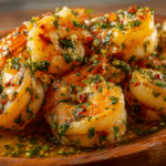 Garlic butter shrimp recipe with parsley on a wooden board