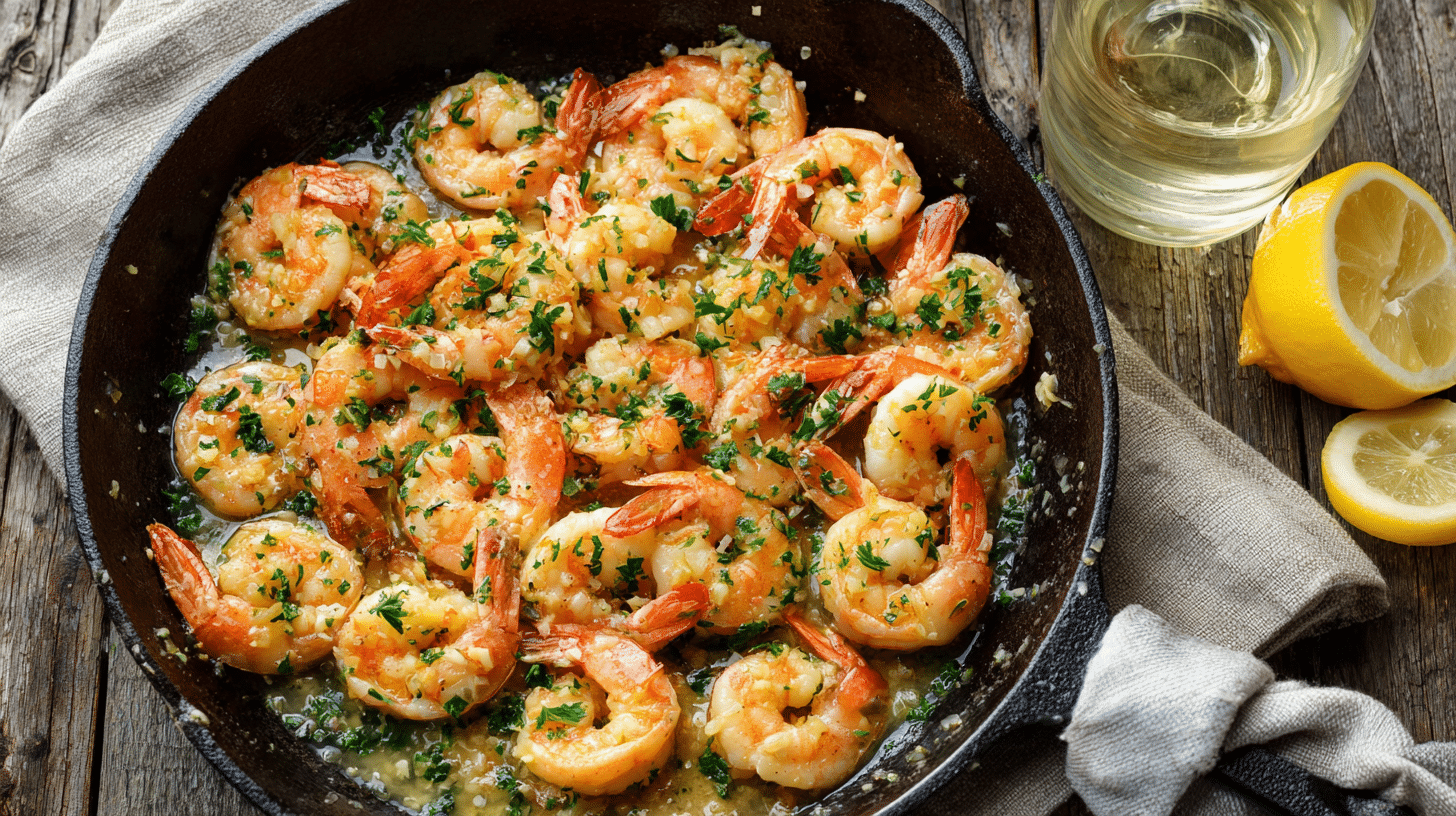 Easy garlic butter shrimp scampi recipe — 20-minute weeknight dinner with lemon, white wine, and fresh parsley in a cast iron skillet Easy garlic butter shrimp scampi recipe — 20-minute weeknight dinner with lemon, white wine, and fresh parsley in a cast iron skillet