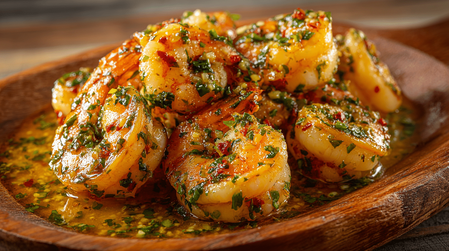Garlic butter shrimp recipe with parsley on a wooden board