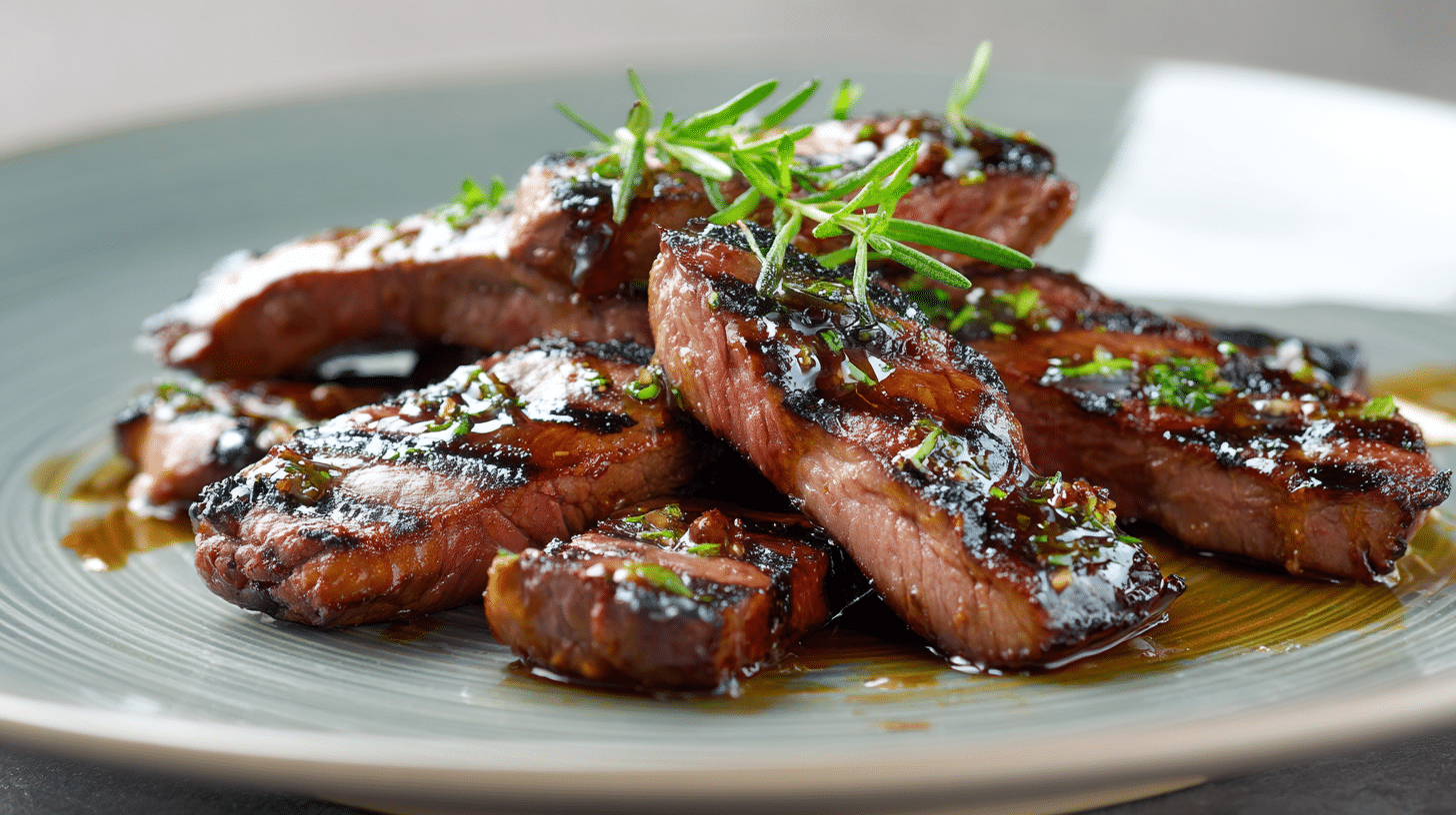 Juicy grilled steak strips coated in honey glaze with caramelized edges and visible grill marks on a modern plate