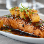 Glazed Honey Pineapple Salmon with caramelized pineapple.