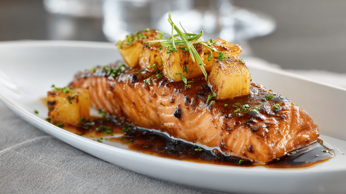 Glazed Honey Pineapple Salmon with caramelized pineapple.