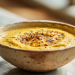 Creamy golden indian dal tadka in a rustic bowl
