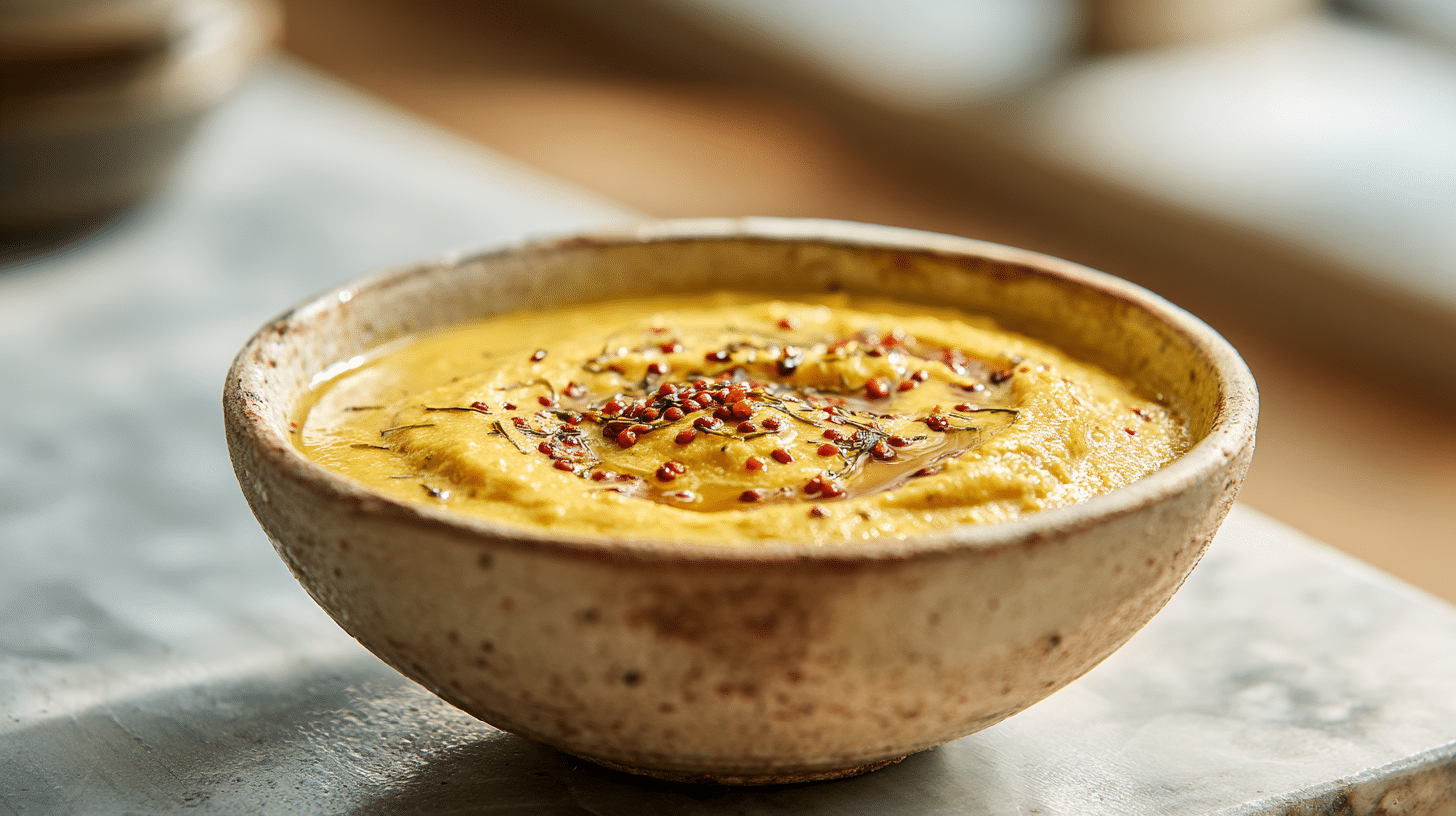 Creamy golden indian dal tadka in a rustic bowl