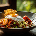 A bowl of glossy Indonesian Nasi Goreng topped with a runny fried egg, red sambal, and prawn crackers on a wooden table