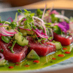 Thinly sliced ribeye cured in green chili-lime sauce topped with avocado and cilantro on a dark slate platter