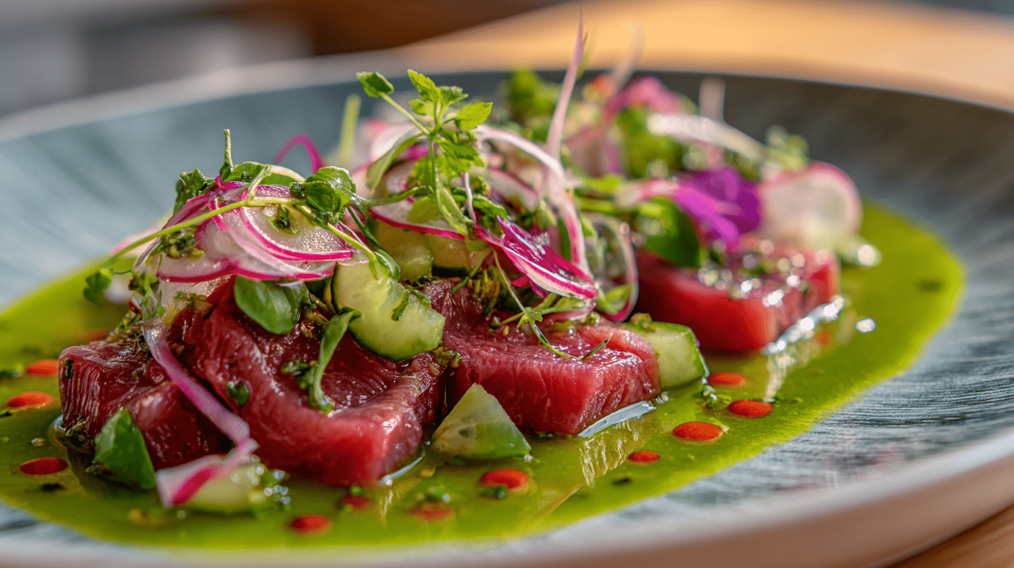Thinly sliced ribeye cured in green chili-lime sauce topped with avocado and cilantro on a dark slate platter