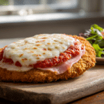 Golden crispy Argentinian Milanesa a la Napolitana steak cutlet