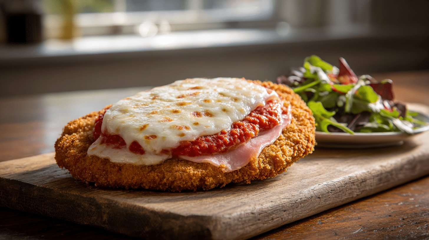 Golden crispy Argentinian Milanesa a la Napolitana steak cutlet