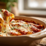 Baked pizza enchiladas with melted cheese in a ceramic dish.