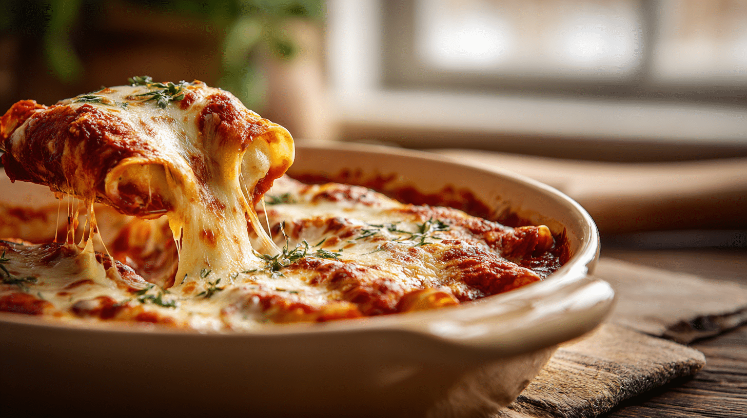 Baked pizza enchiladas with melted cheese in a ceramic dish.