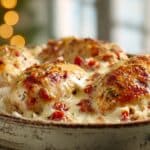 QUESO SMOTHERED CHICKEN AND RICE bubbly cheese casserole in baking dish