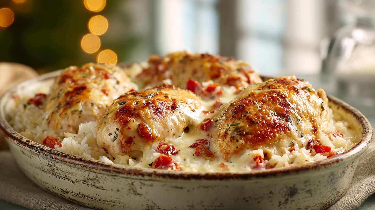 QUESO SMOTHERED CHICKEN AND RICE bubbly cheese casserole in baking dish