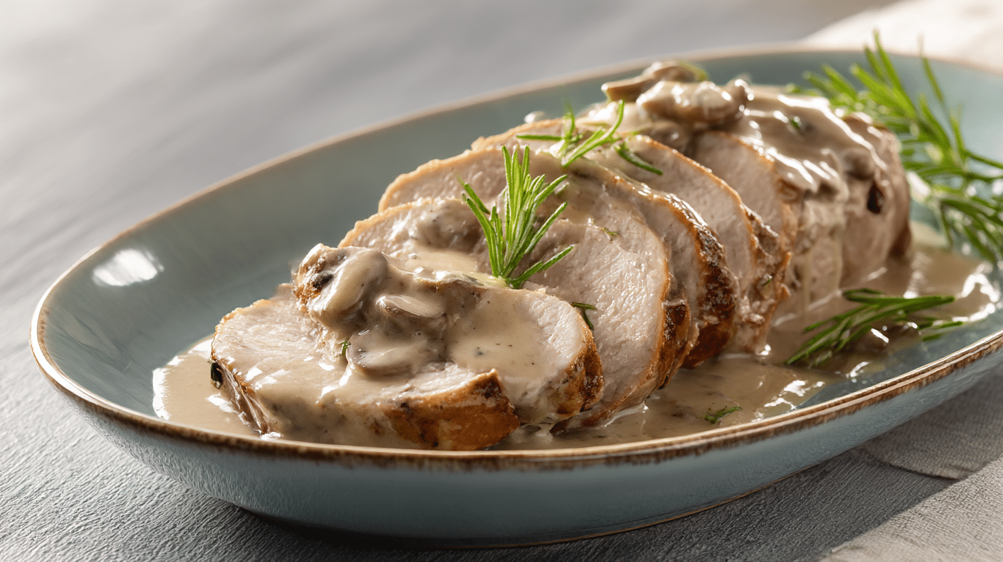 Slow Cooker Pork Loin with rich Mushroom Sauce on a platter.