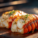 Smoked Lobster Tail with garlic butter on wood