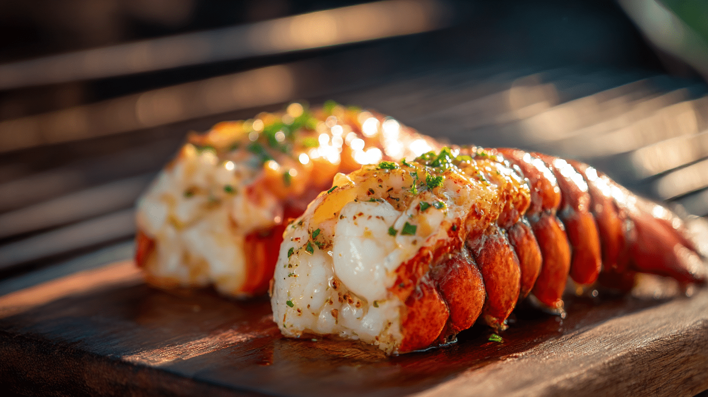 Smoked Lobster Tail with garlic butter on wood