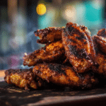 Southern grilled chicken wings with crispy skin on a wooden board.