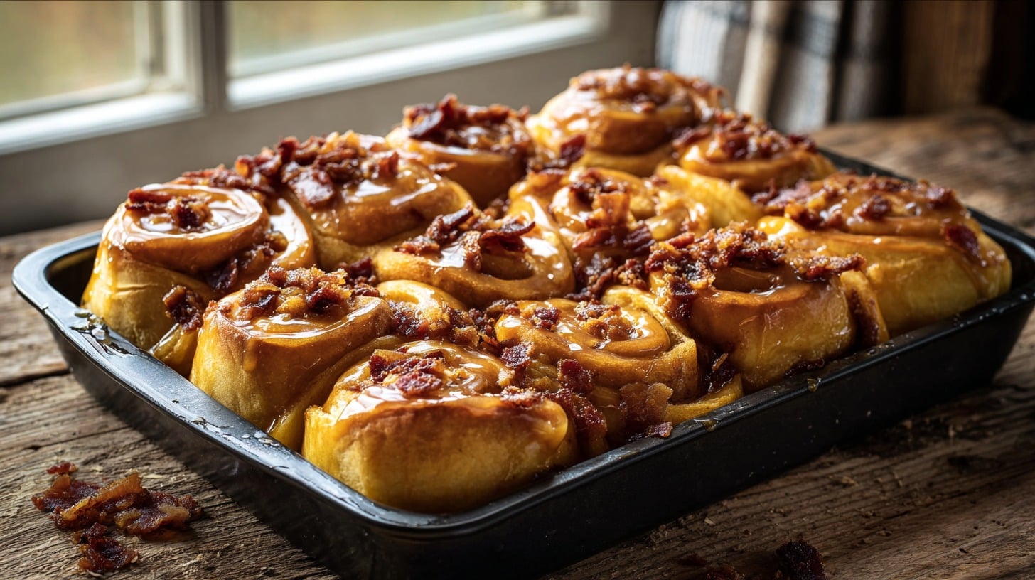 Golden Bourbon Maple Cinnamon Rolls with glaze and bacon bits.