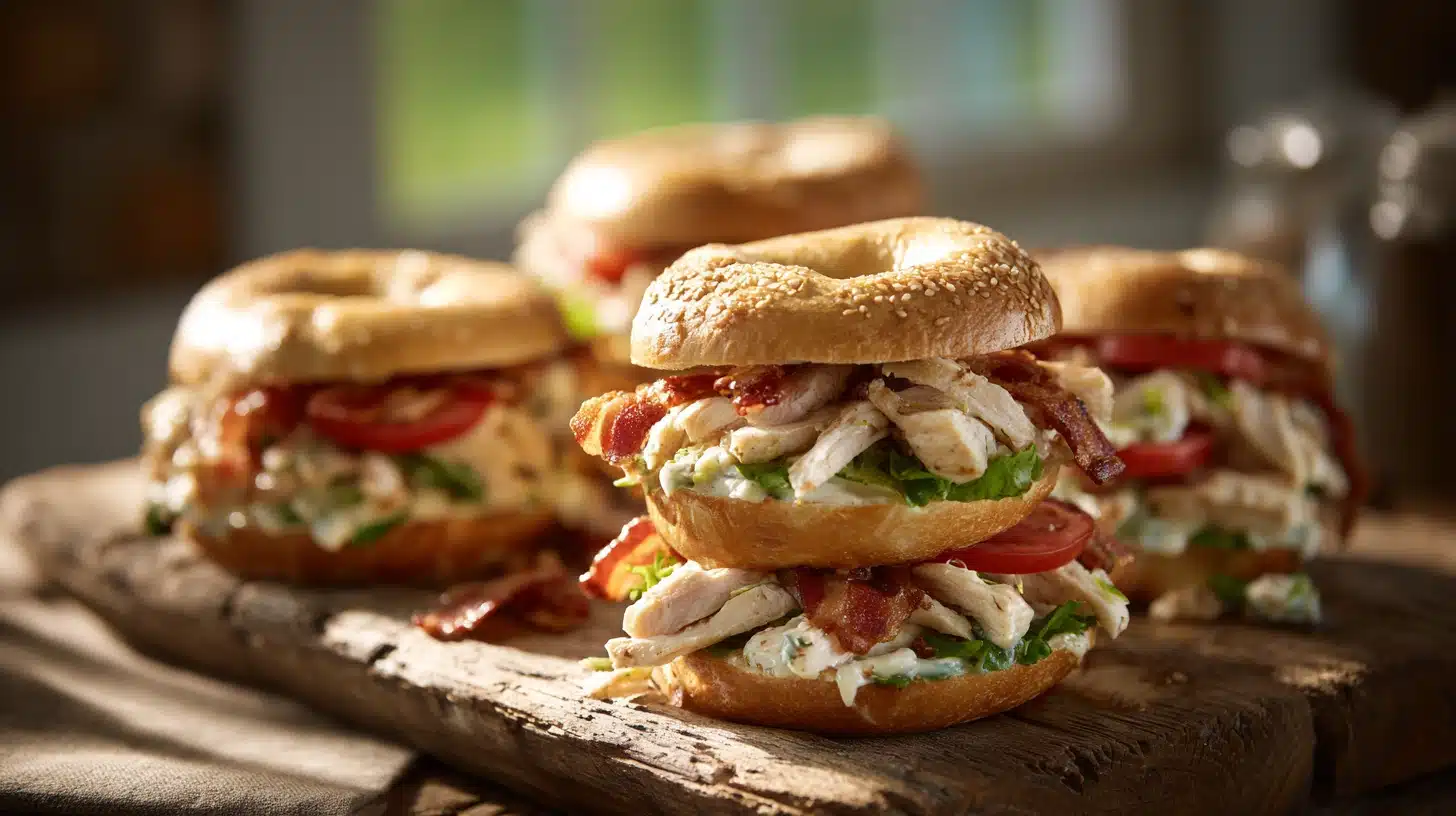 Chicken Bacon Ranch Bagels stacked on a rustic wooden board with crispy bacon and ranch