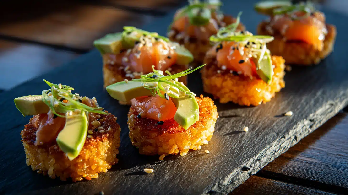 Golden Crispy Rice Salmon Bites topped with spicy salmon and avocado on dark slate