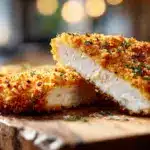 Golden crispy Crumbed Chicken cutlets on a wooden board.