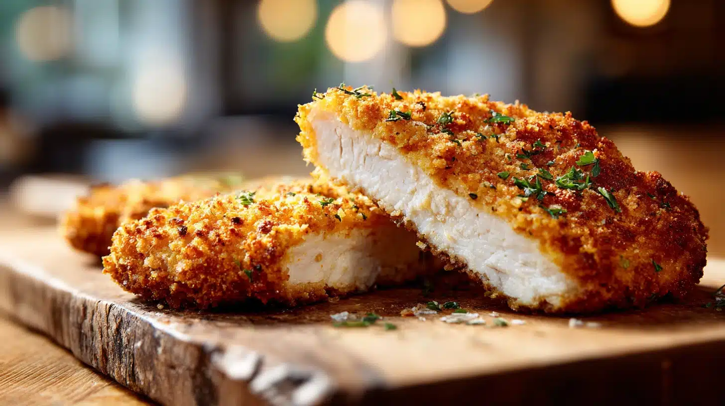 Golden crispy Crumbed Chicken cutlets on a wooden board.