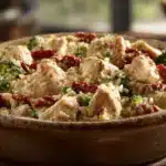 Creamy dump and bake chicken and rice with broccoli and sun-dried tomatoes