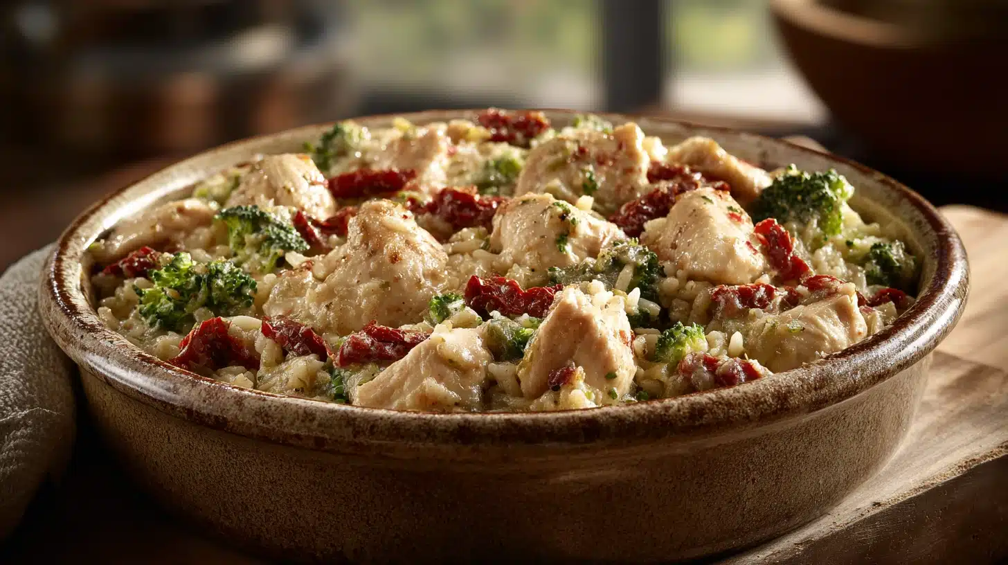 Creamy dump and bake chicken and rice with broccoli and sun-dried tomatoes