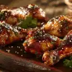 Garlic Brown Sugar Drumsticks with sticky caramelized glaze on a rustic wooden board