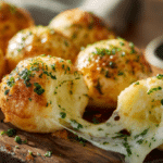 Golden garlic cheese bombs with mozzarella cheese pull on a rustic wooden board