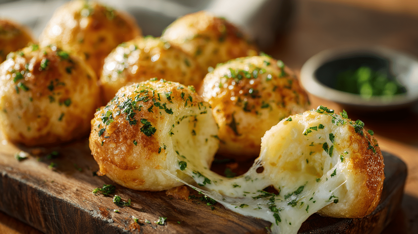 Golden garlic cheese bombs with mozzarella cheese pull on a rustic wooden board