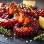 Grilled Octopus with Red Pepper Glaze on a dark slate board with lemon and thyme