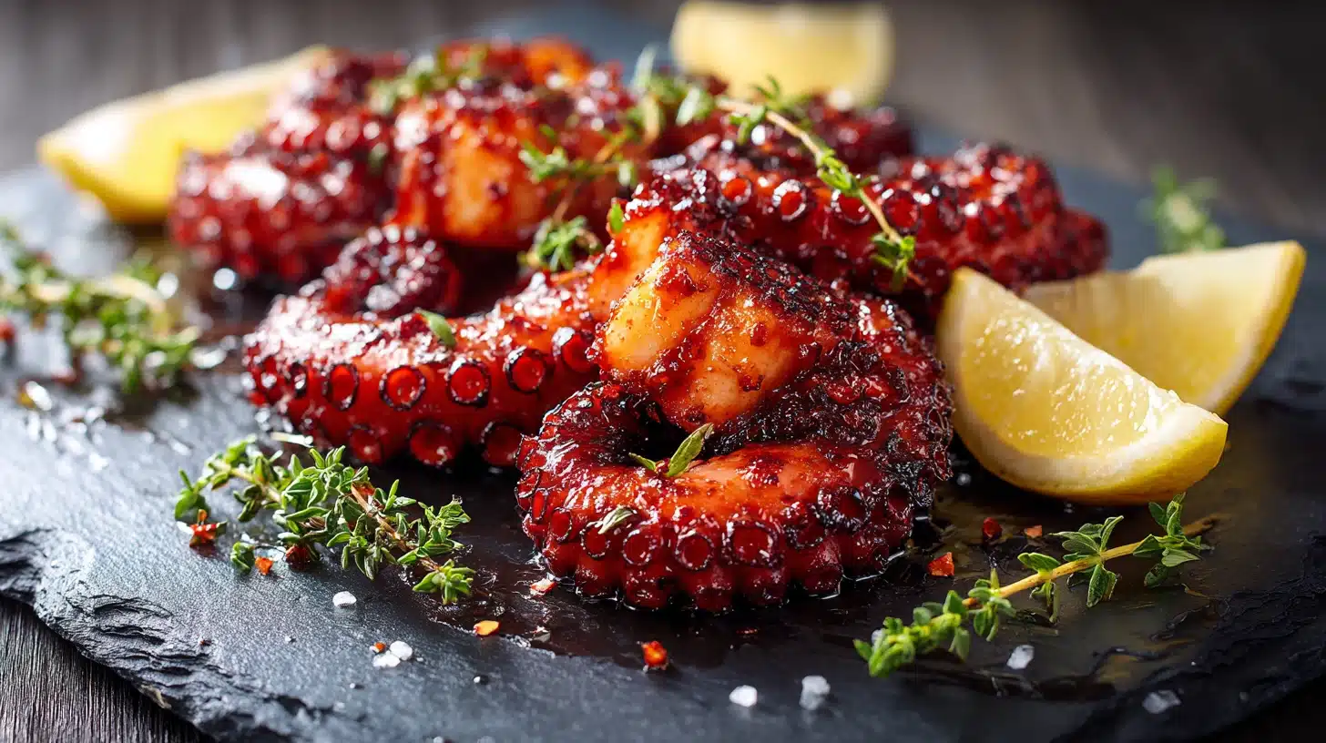 Grilled Octopus with Red Pepper Glaze on a dark slate board with lemon and thyme