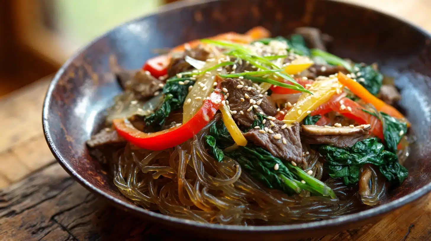 Colorful japchae bowl with glass noodles and sesame seeds on wood.