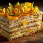 Sliced mango carlota icebox cake showing creamy mango layers and golden cookies