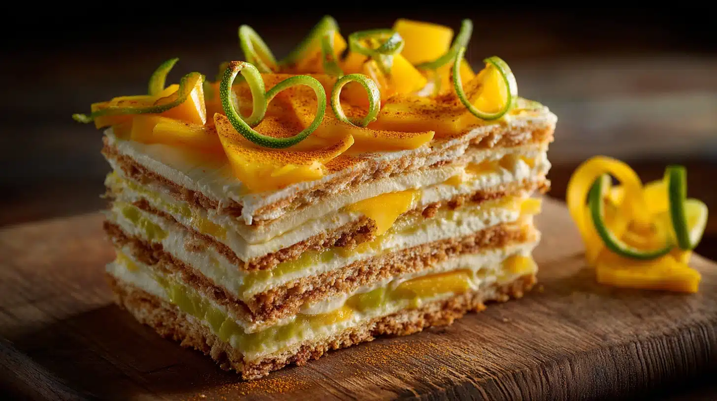Sliced mango carlota icebox cake showing creamy mango layers and golden cookies
