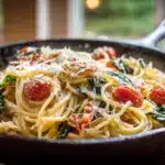 Creamy one-pot Meghan Markle Pasta with burst cherry tomatoes and basil.