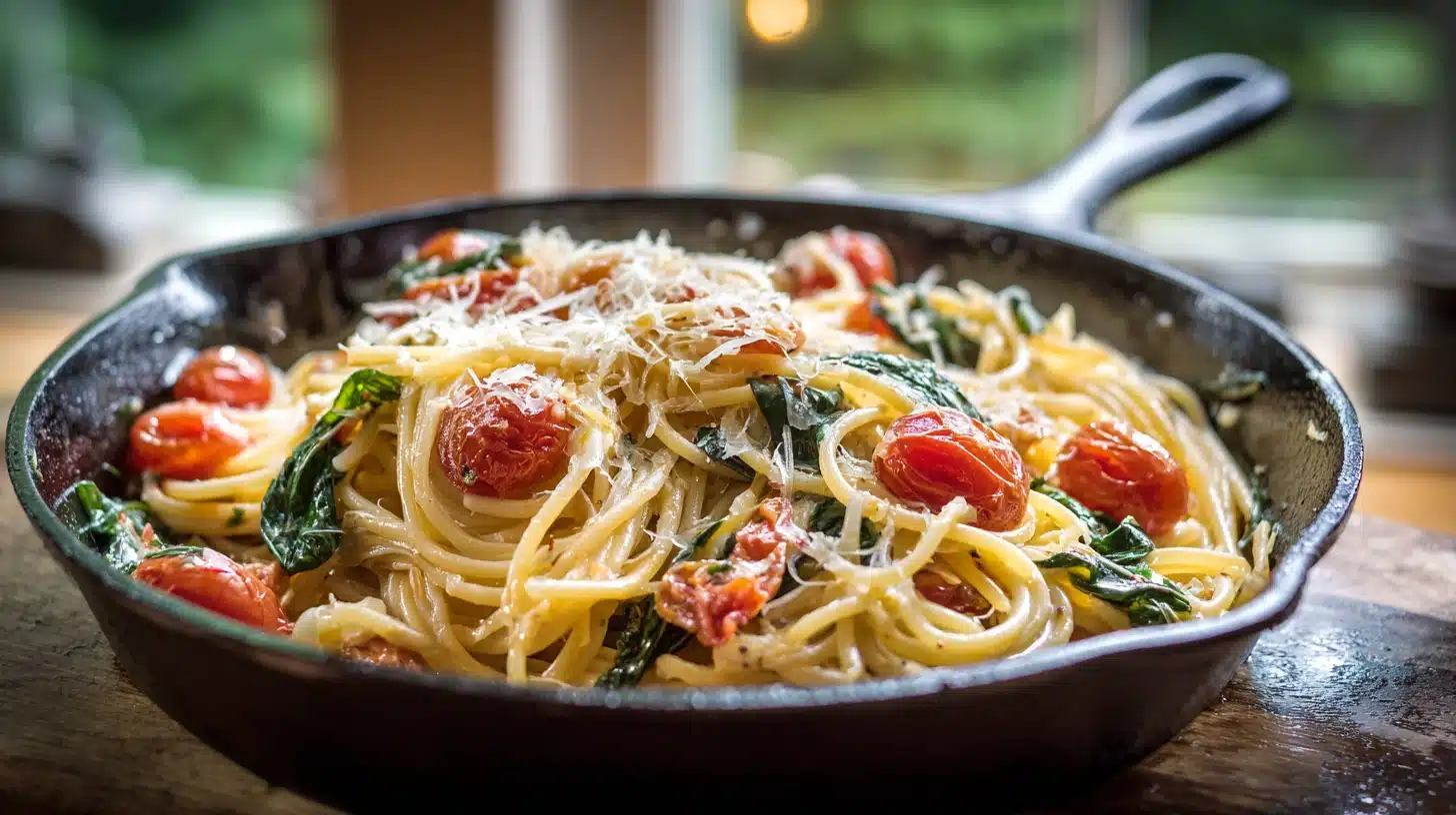 Creamy one-pot Meghan Markle Pasta with burst cherry tomatoes and basil.